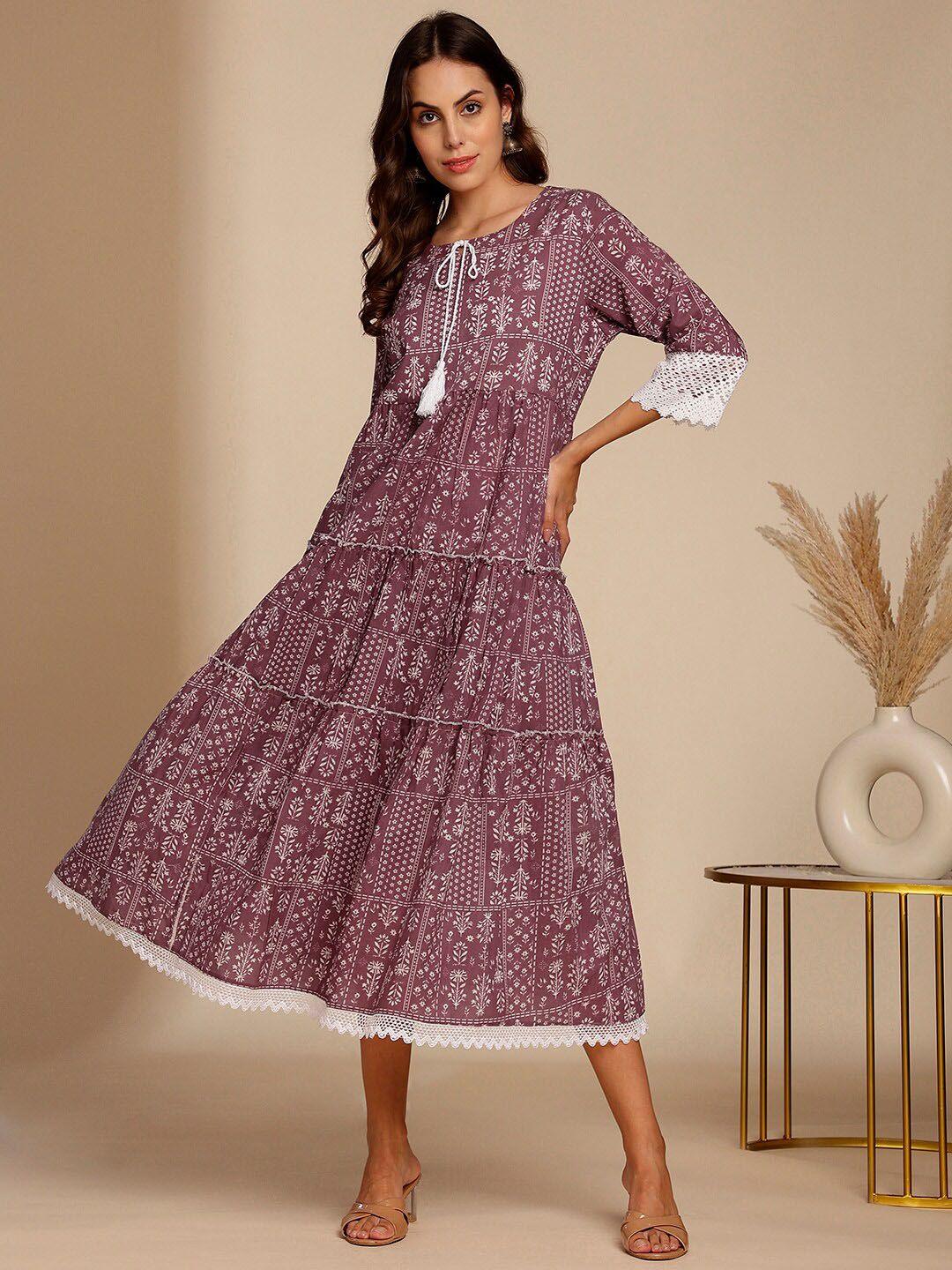 anouk purple floral printed a-line pure cotton ethnic dress