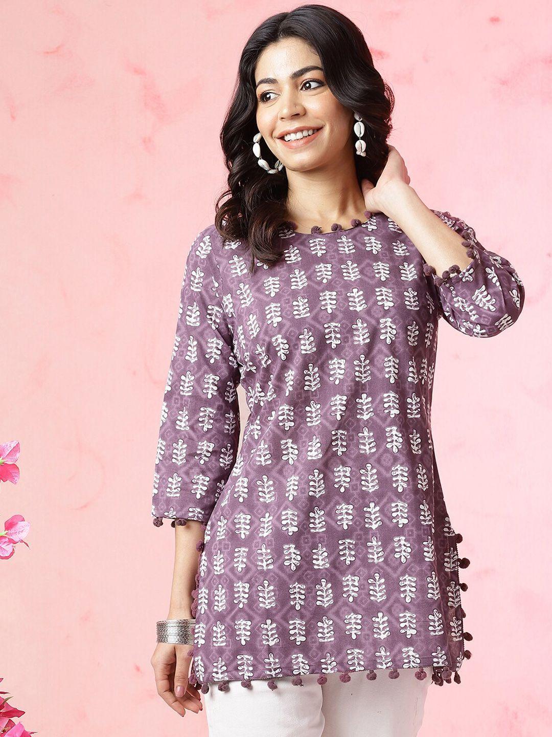 anouk purple floral printed cotton a-line ankle length thread work kurta