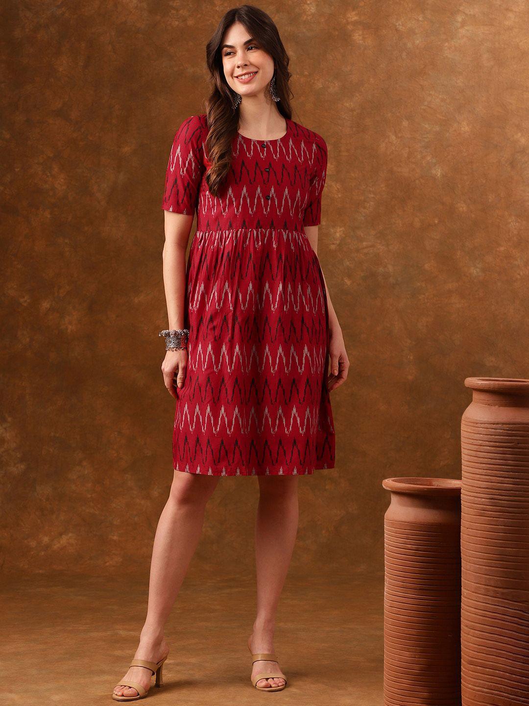 anouk red & black chevron printed gathered a-line ethnic dress