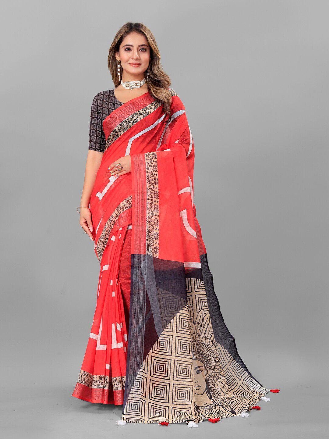 anouk red & black ethnic motifs printed pure linen saree