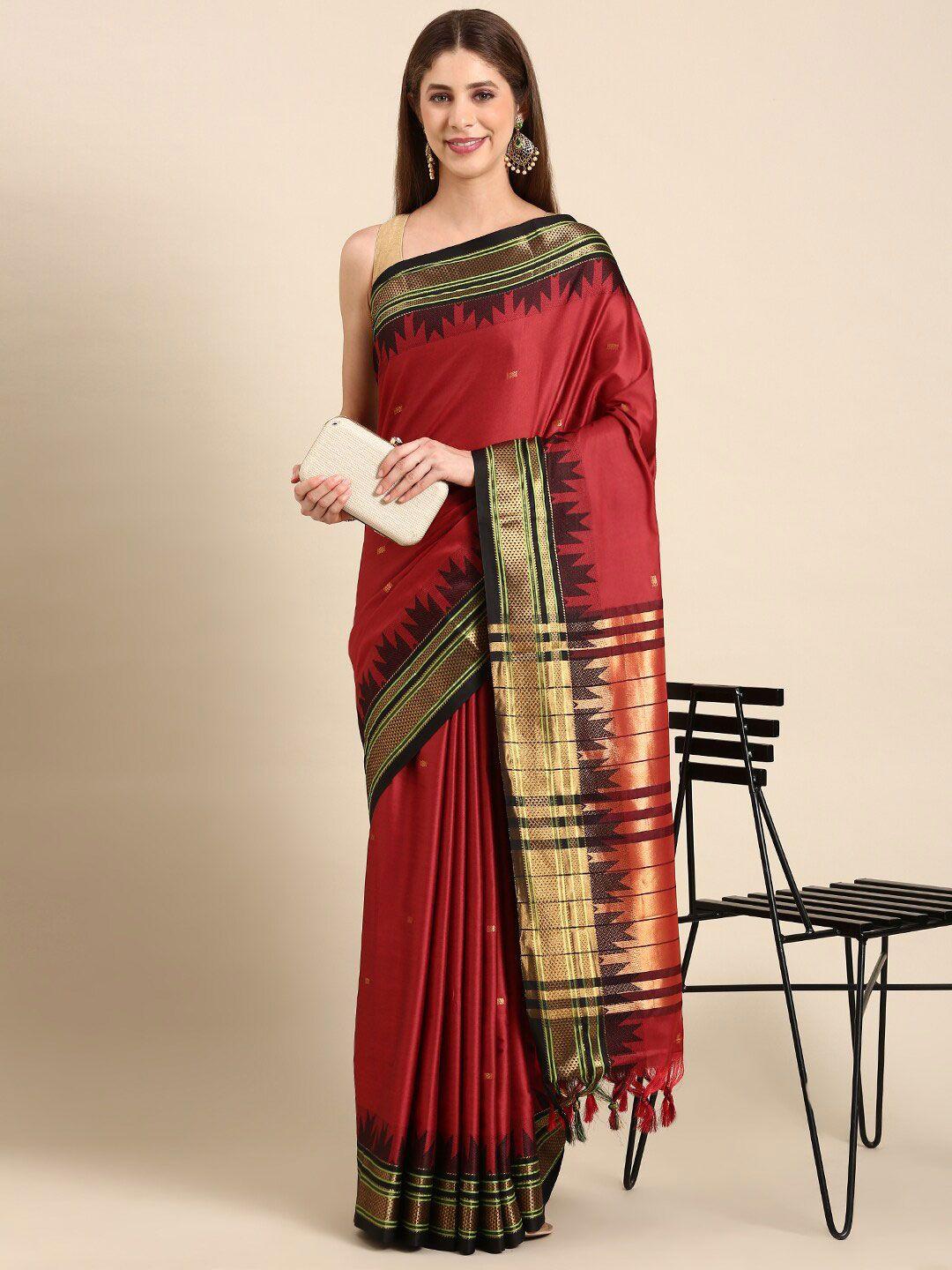 anouk red & black floral woven design zari kanjeevaram saree