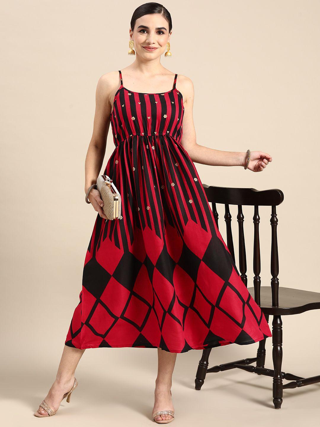 anouk red & black printed a-line midi dress