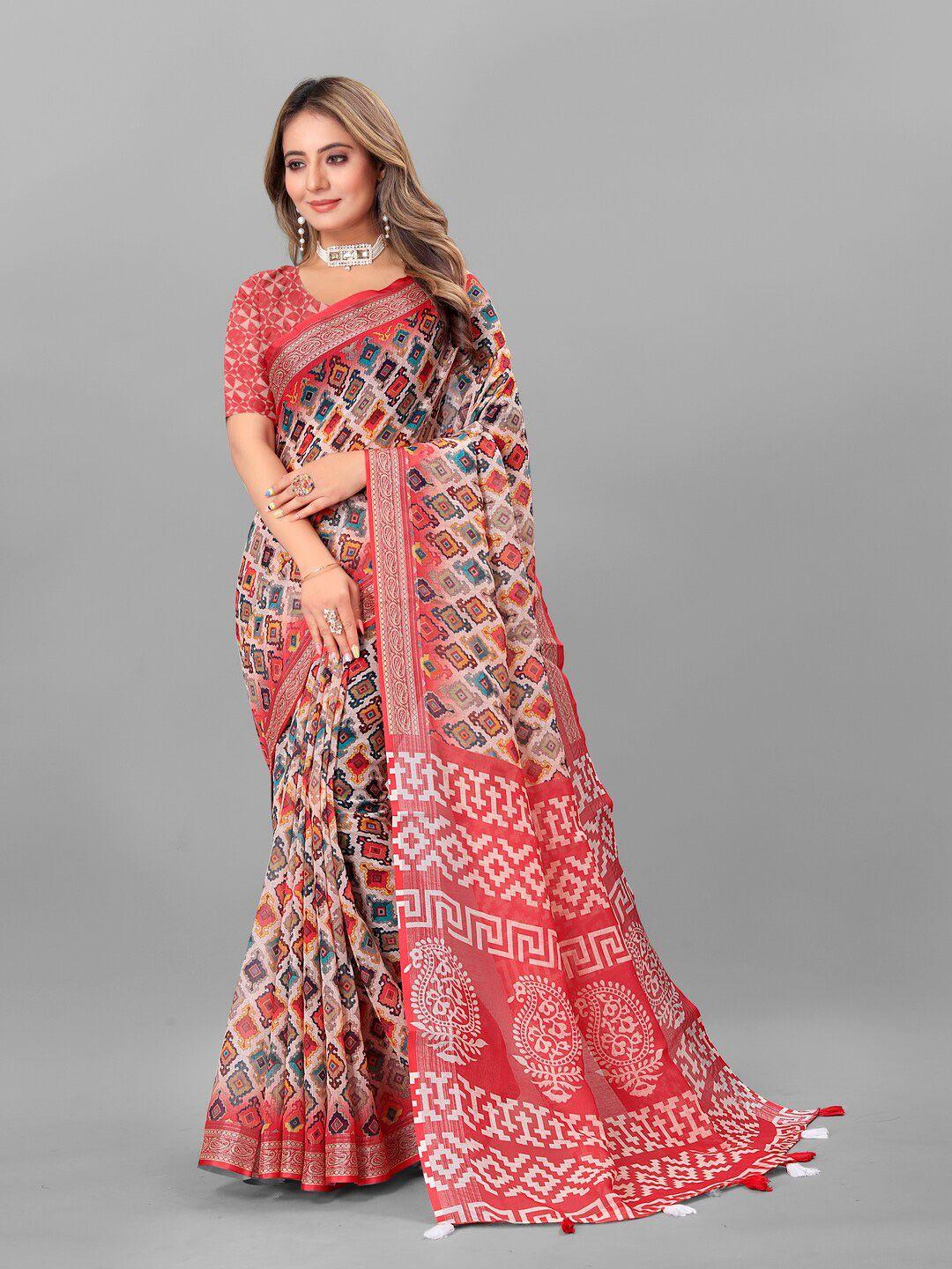 anouk red & blue ethnic motifs printed pure linen saree