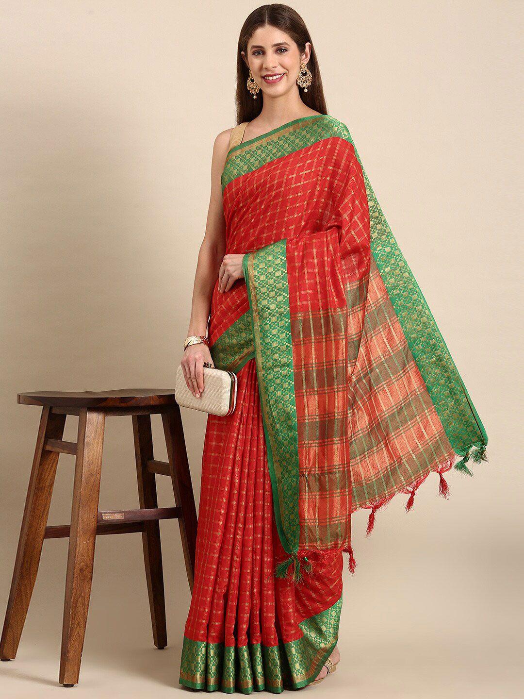 anouk red & gold-toned checked zari kanjeevaram saree