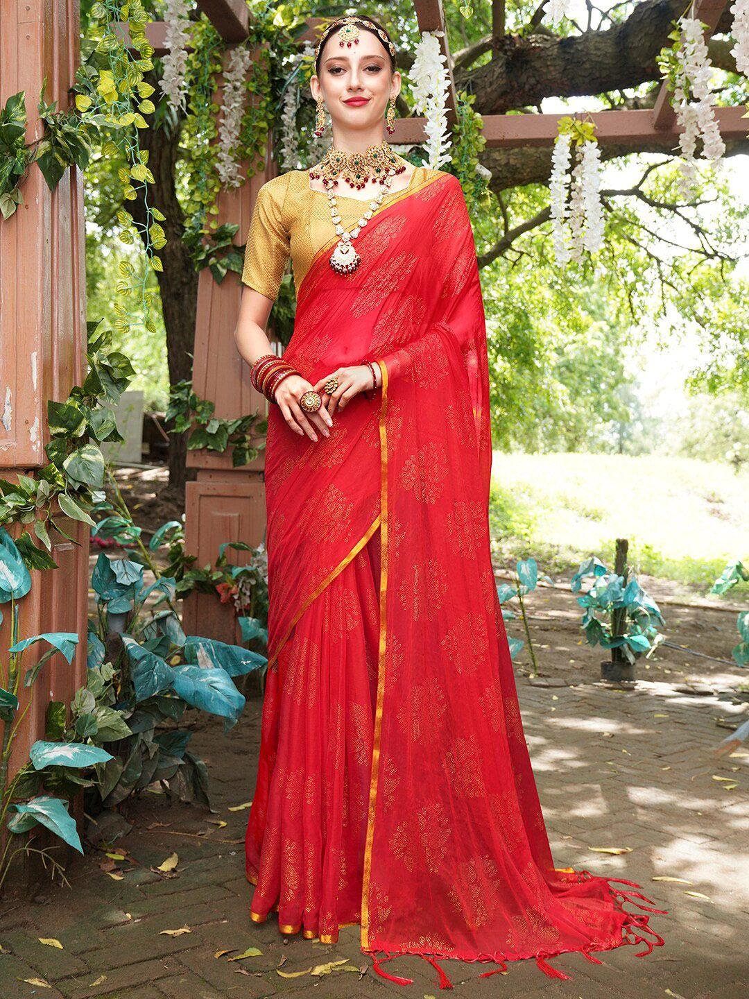 anouk red & gold-toned ethnic motifs printed zari saree