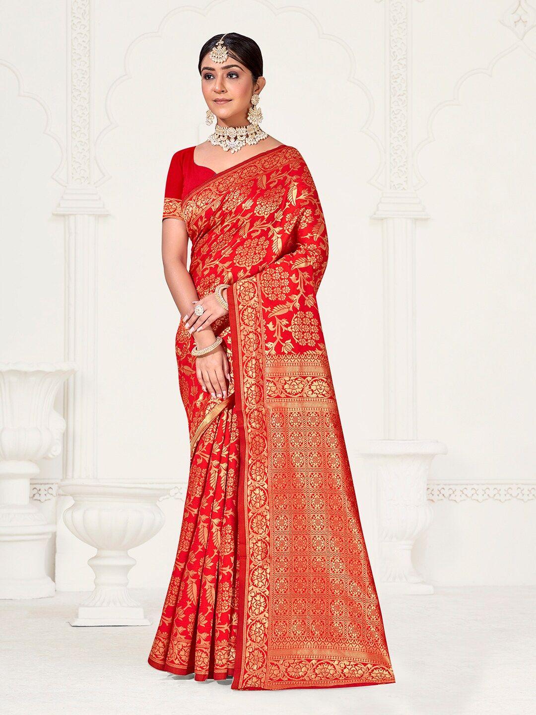 anouk red & gold-toned ethnic motifs woven design zari kanjeevaram saree