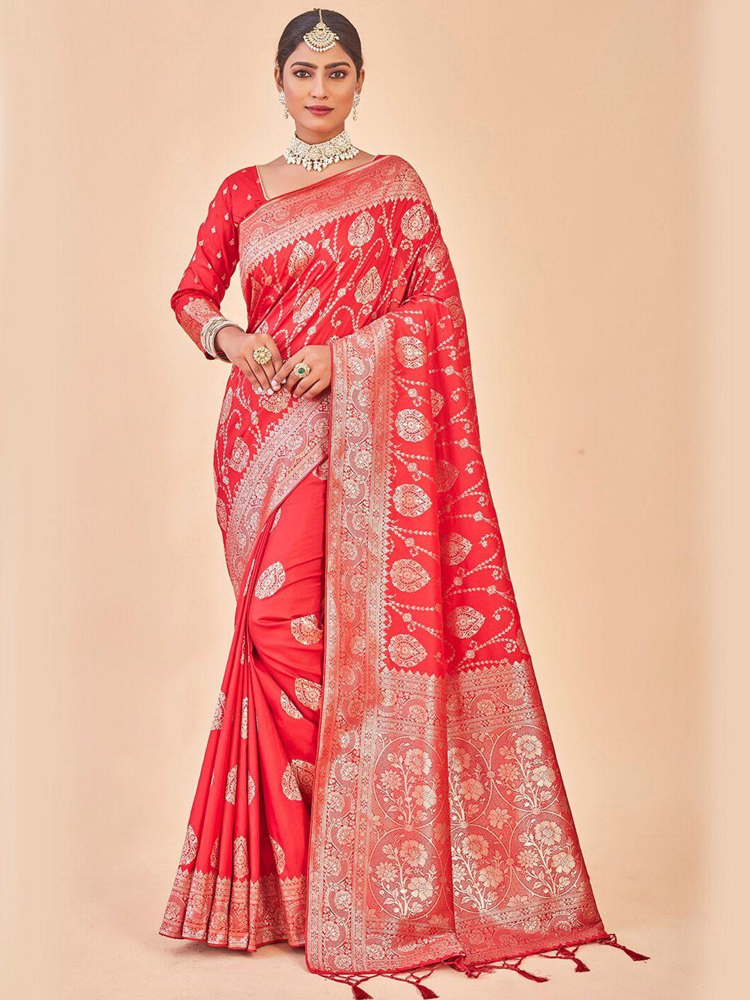 anouk red & gold-toned ethnic motifs woven design zari organza saree