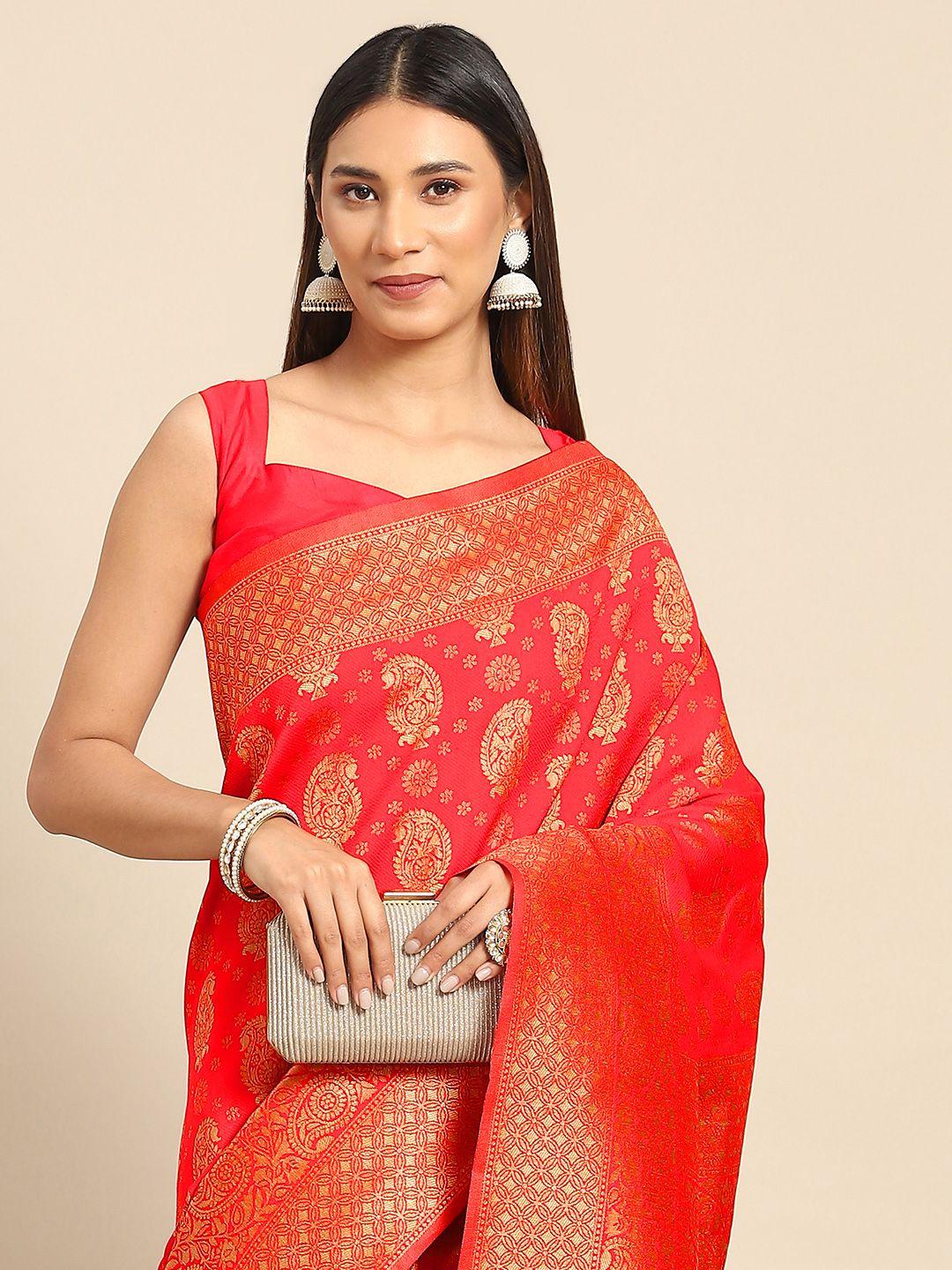 anouk red & gold-toned paisley silk blend banarasi saree