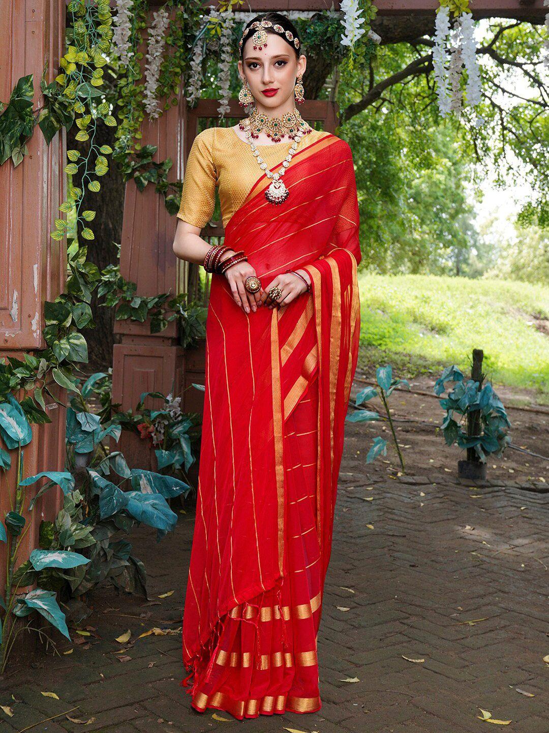 anouk red & gold-toned striped zari saree