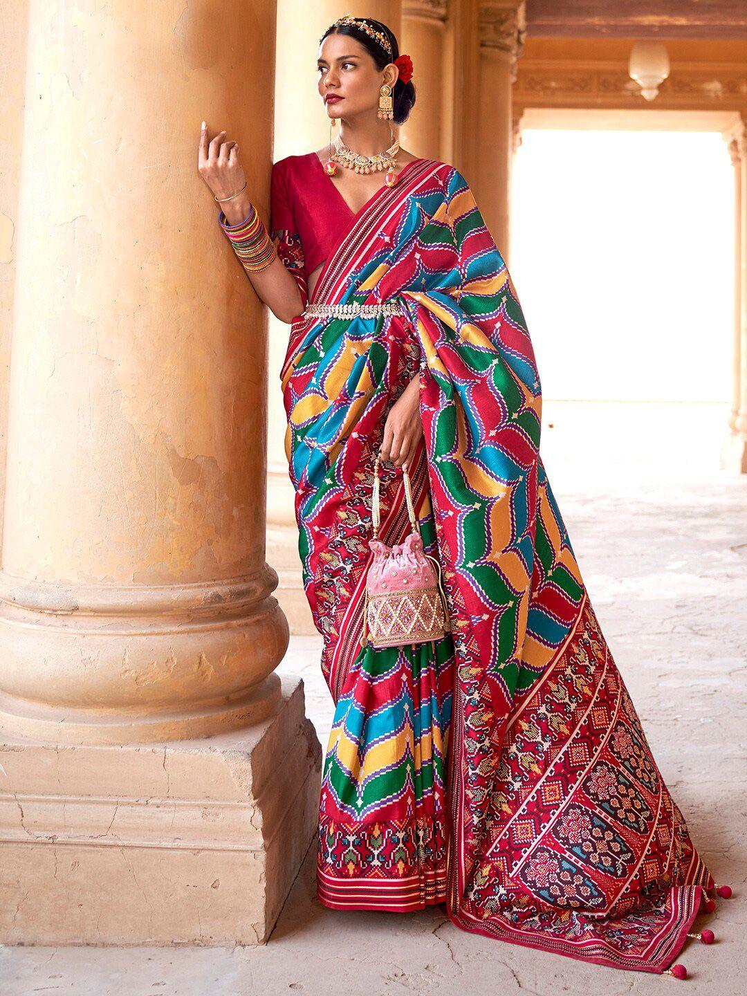 anouk red & green beads and stones silk blend banarasi saree