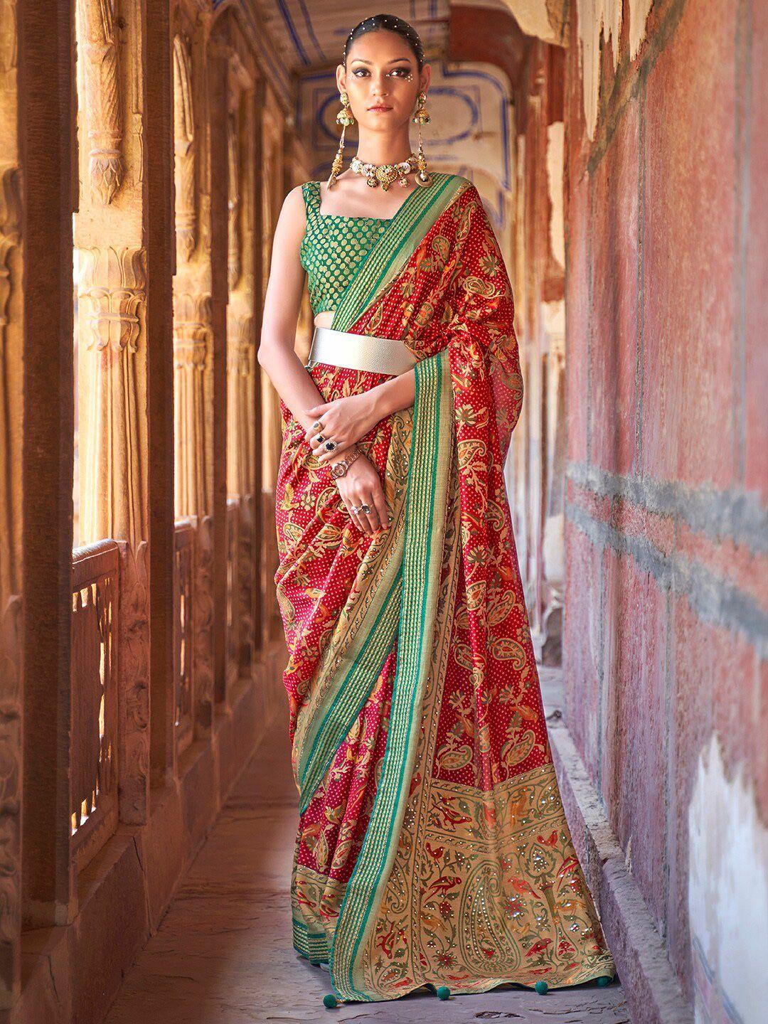 anouk red & green ethnic motifs beads and stones pure georgette bandhani saree