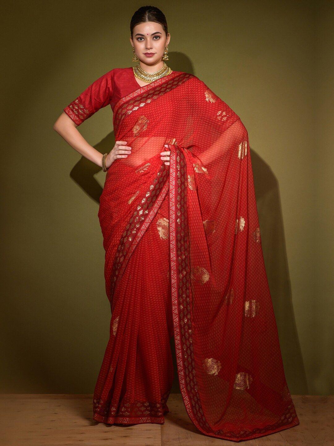 anouk red & green ethnic motifs printed zari pure georgette saree