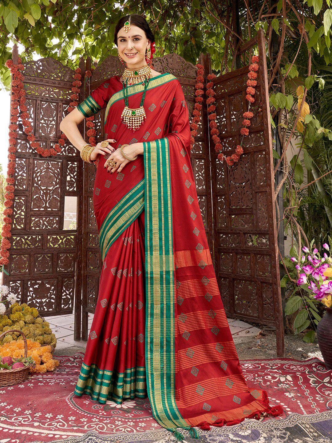 anouk red & green geometric printed art silk banarasi saree