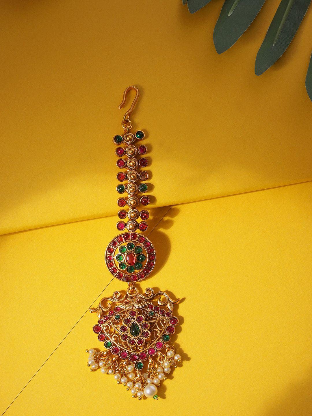 anouk red & green gold-plated stone-studded & beaded maang tikka