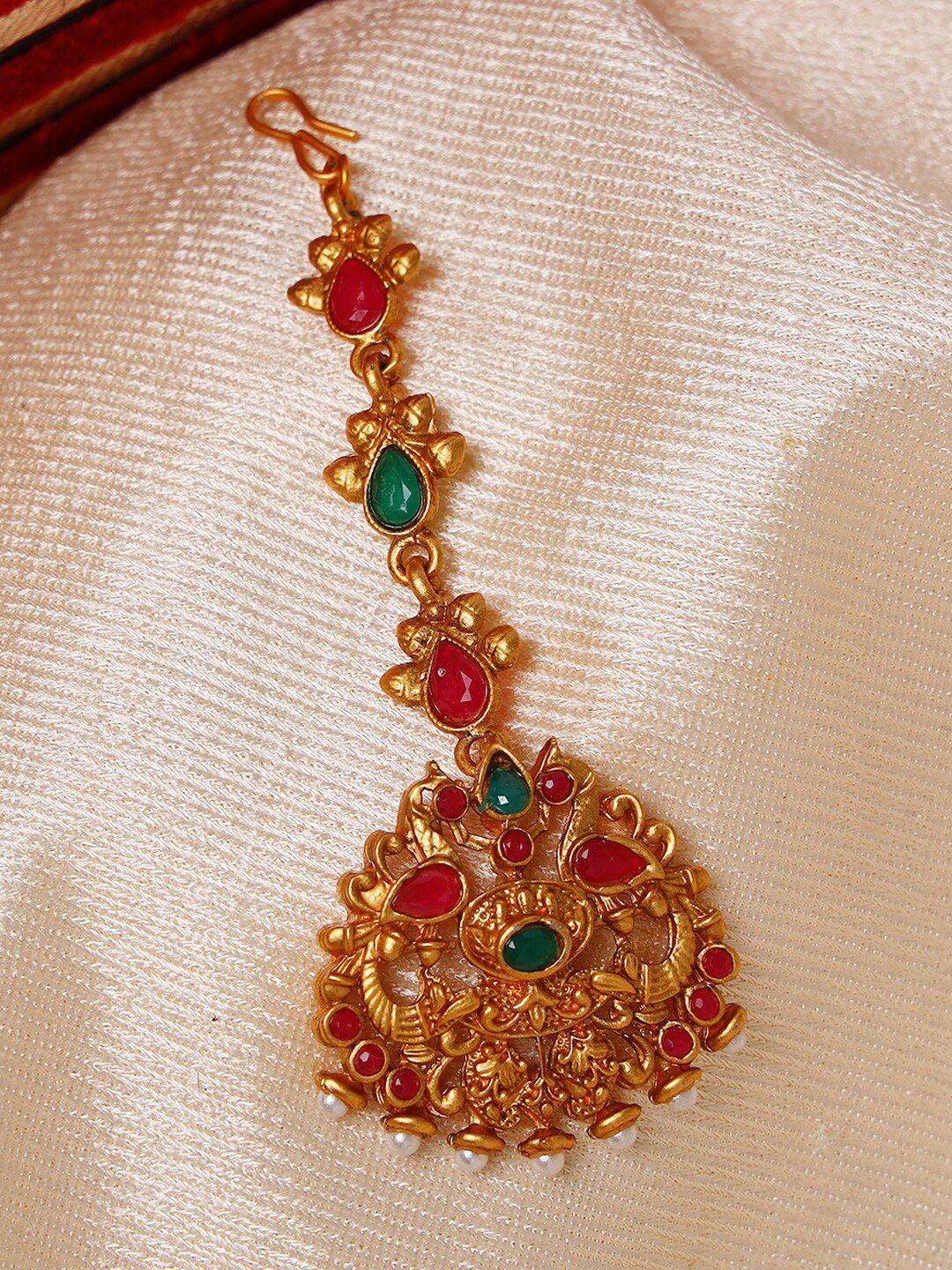 anouk red & green gold-plated stone-studded peacock maang tikka