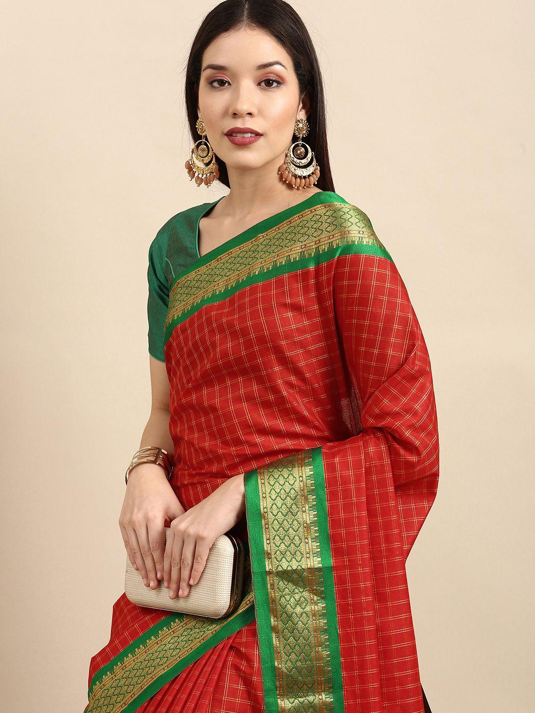 anouk red & green woven design pure silk banarasi saree
