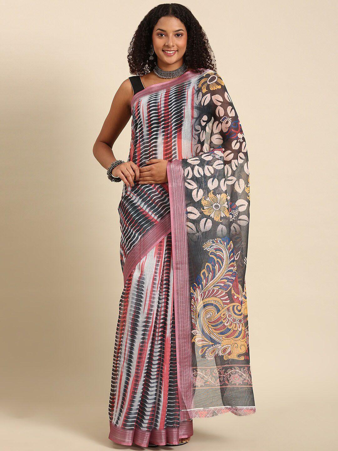 anouk red & grey abstract printed zari saree