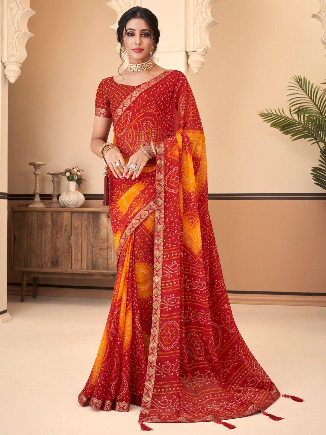 anouk red & orange bandhani embroidered pure chiffon bandhani saree