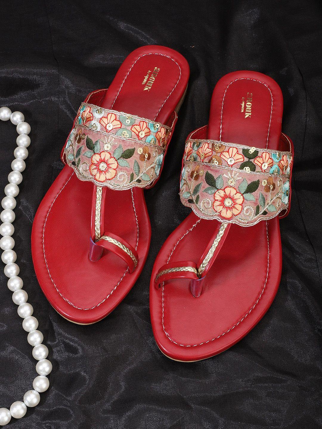 anouk red & pink ethnic embroidered one toe flats