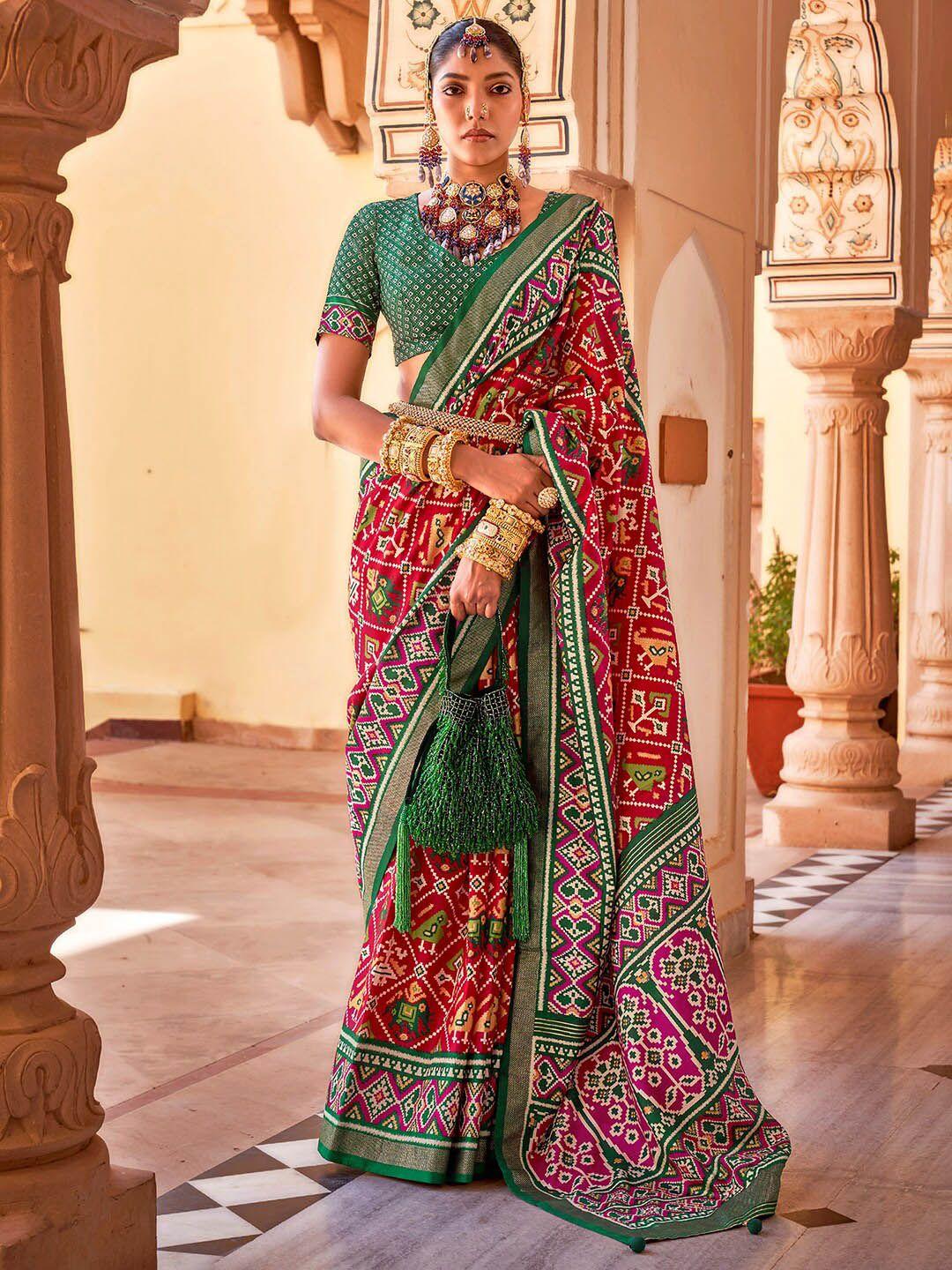 anouk red & pink ethnic motifs printed zari patola saree