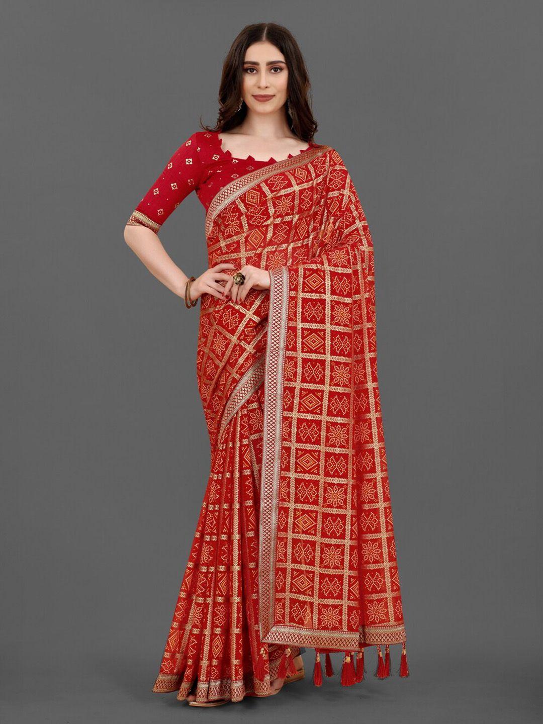 anouk red & white bandhani printed zari pure georgette saree