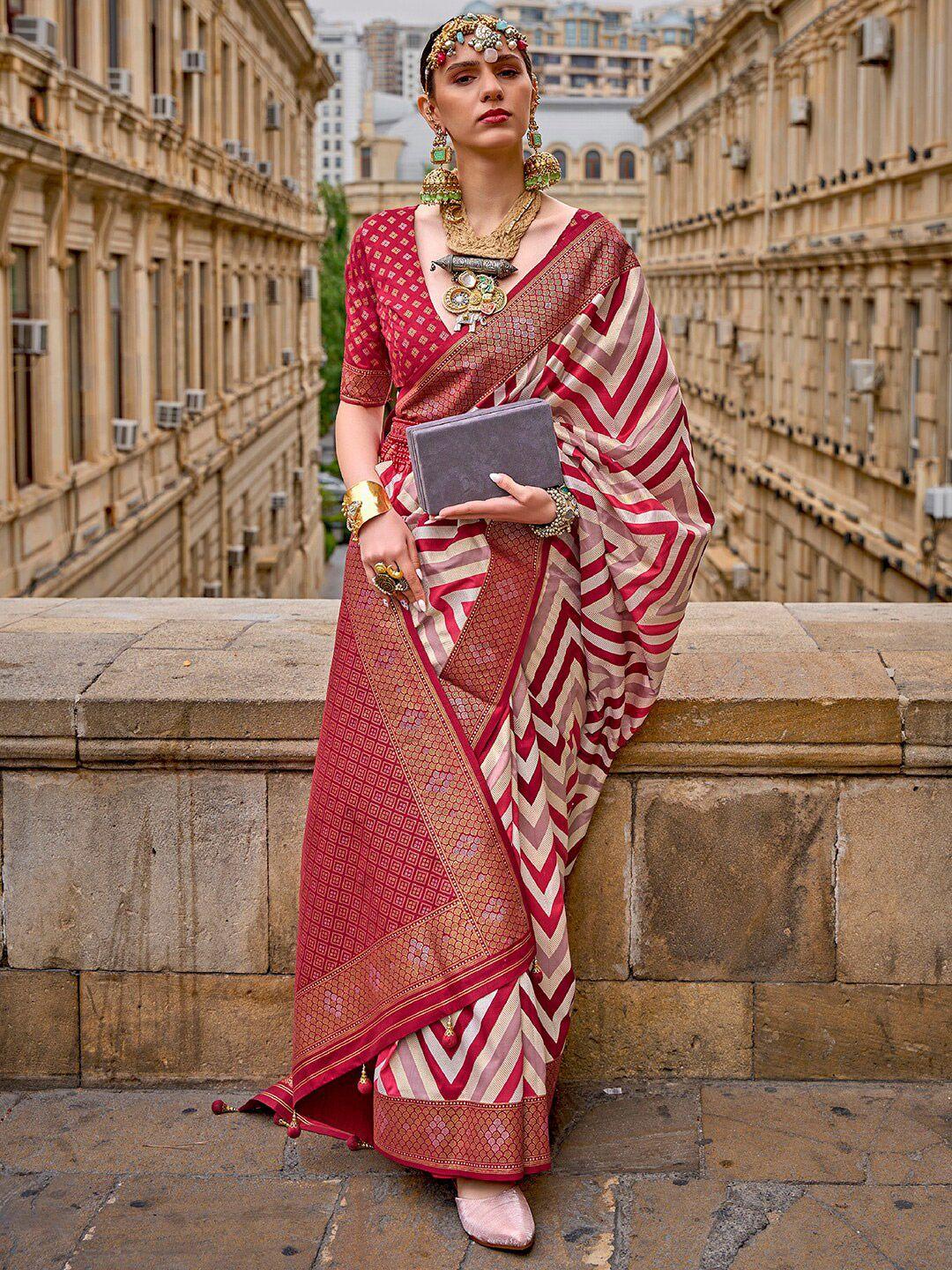 anouk red & white chevron printed zari banarasi saree