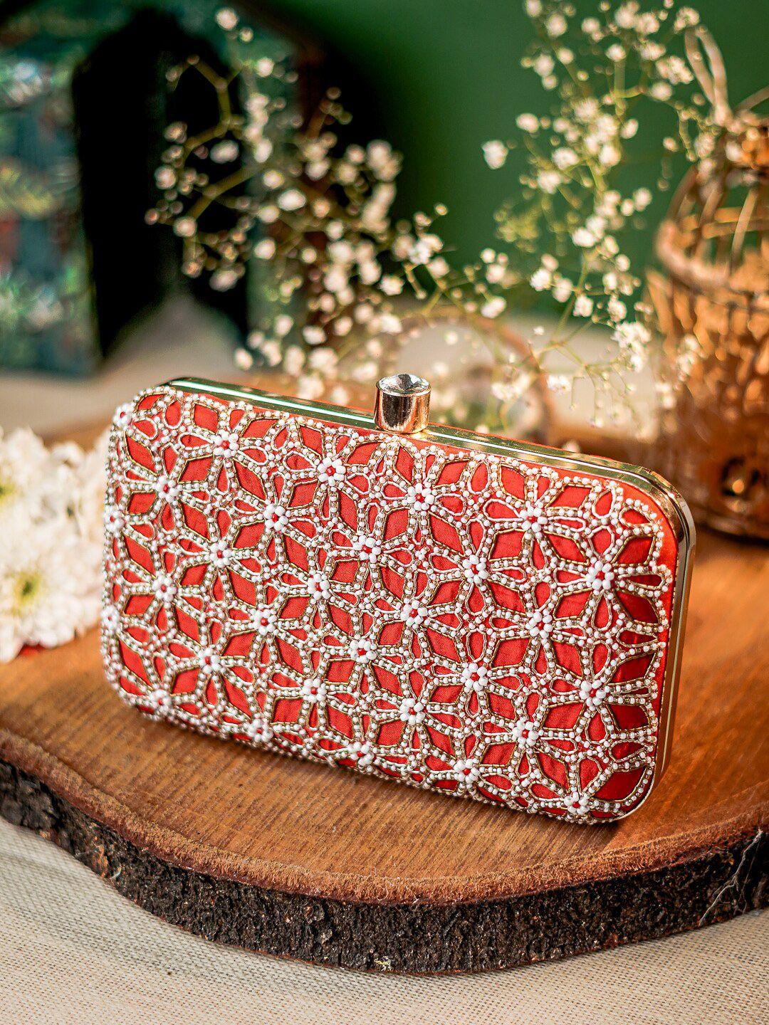 anouk red & white embroidered box clutch