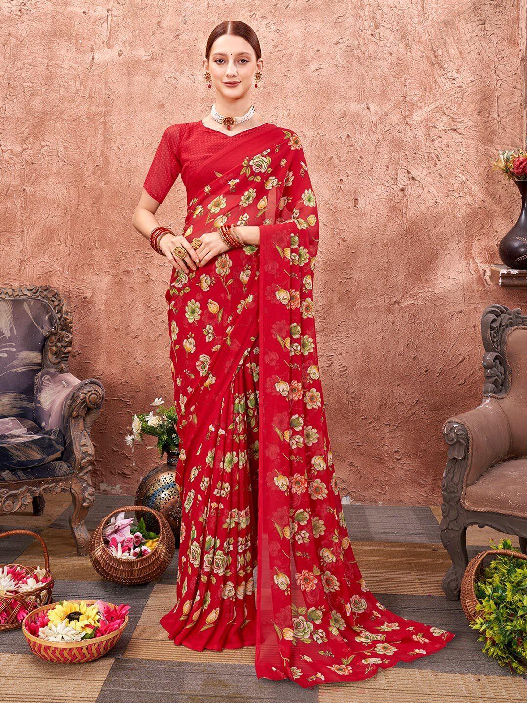 anouk red & yellow floral printed art silk saree
