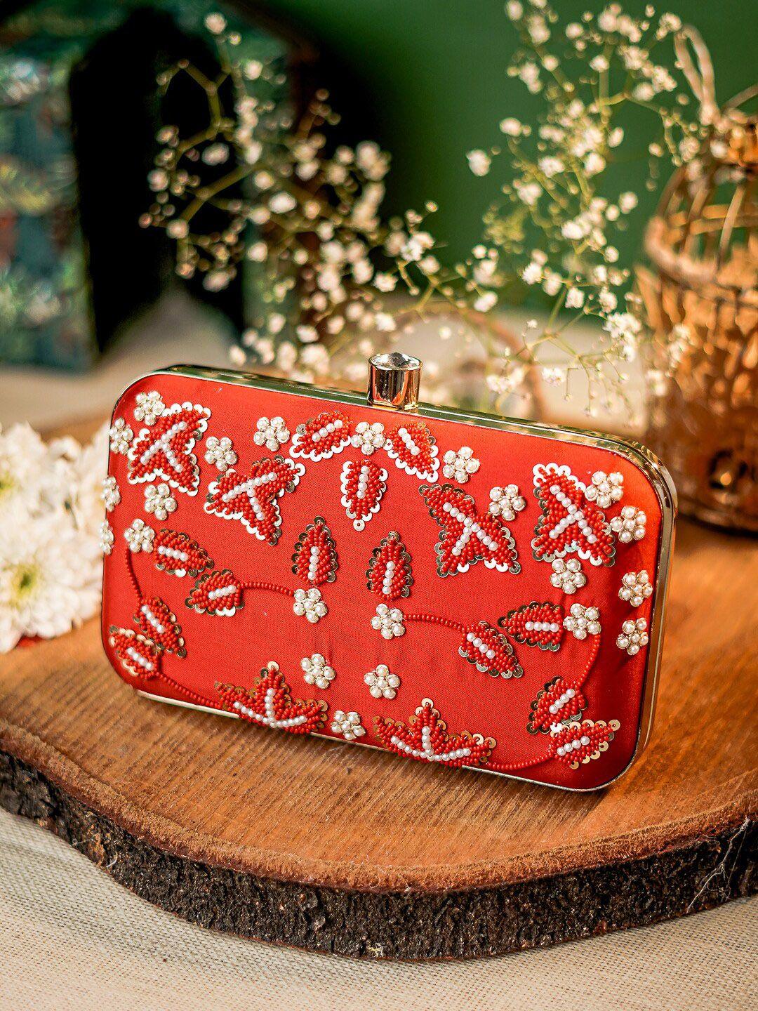 anouk red embroidered embellished box clutch