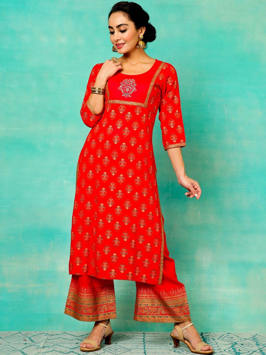 anouk red ethnic motifs foil printed thread work straight kurta with palazzo