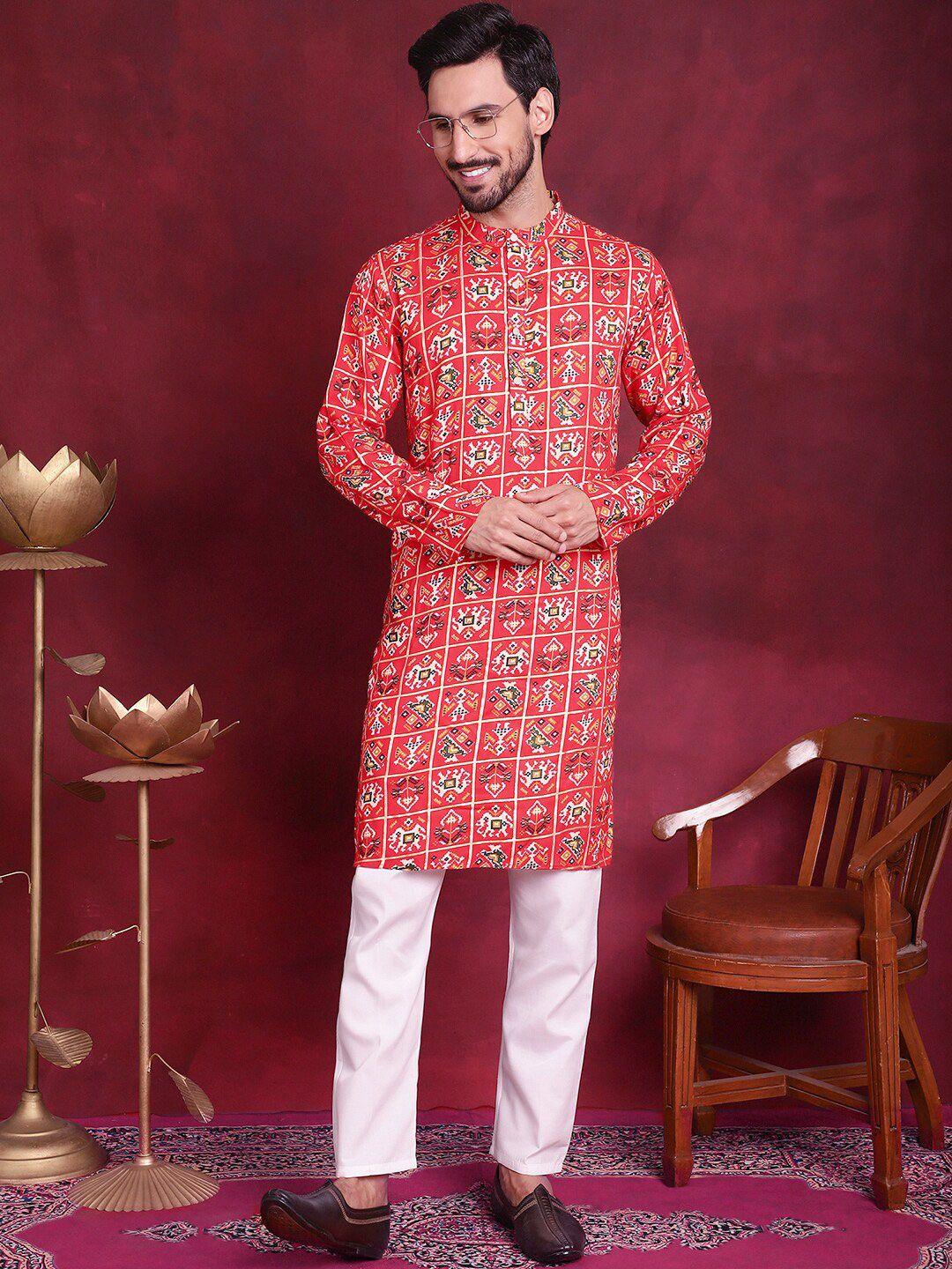 anouk red ethnic motifs printed straight kurta with pyjamas