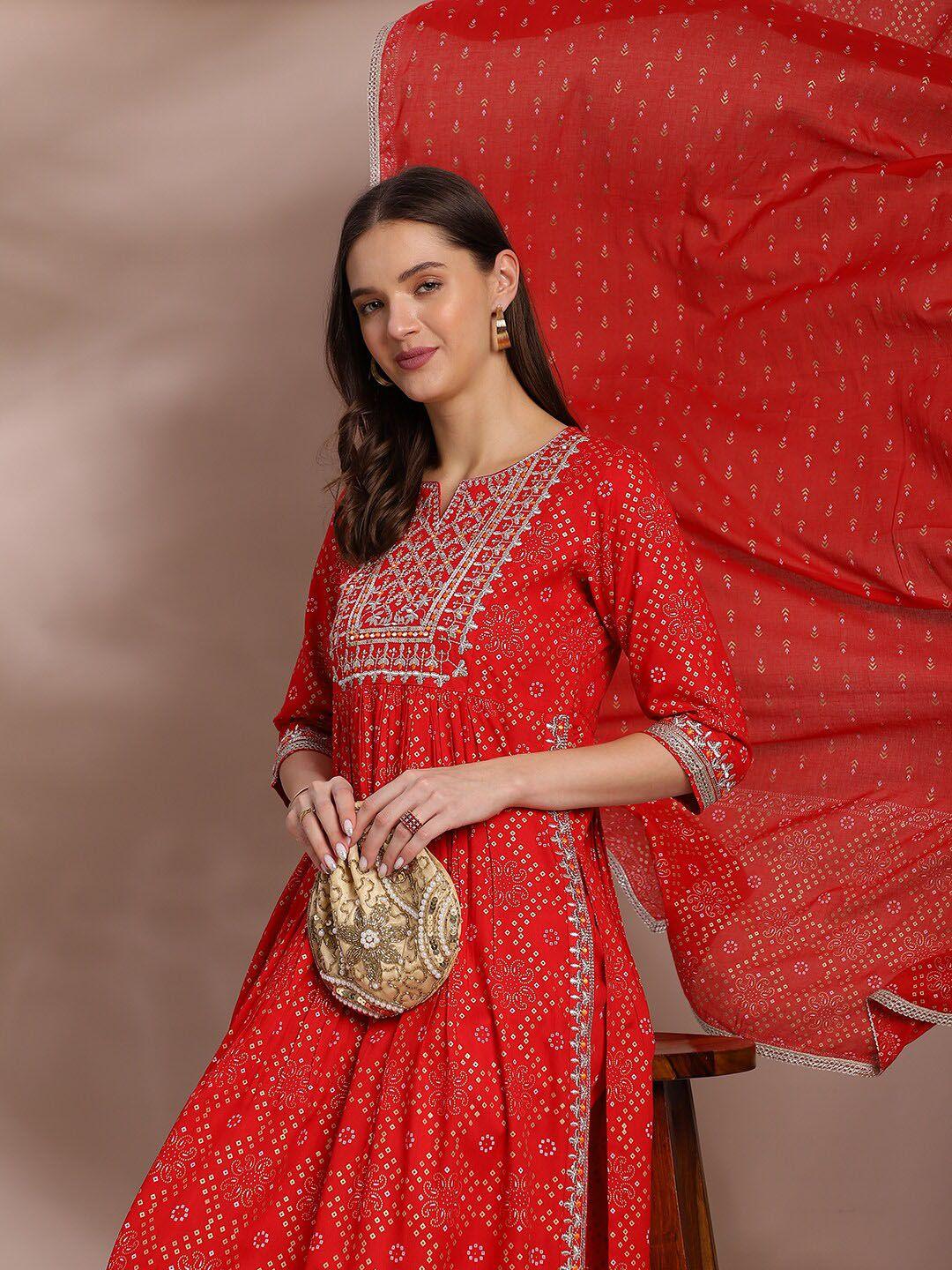 anouk red ethnic motifs printed thread work detailed a-line kurta & trouser with dupatta