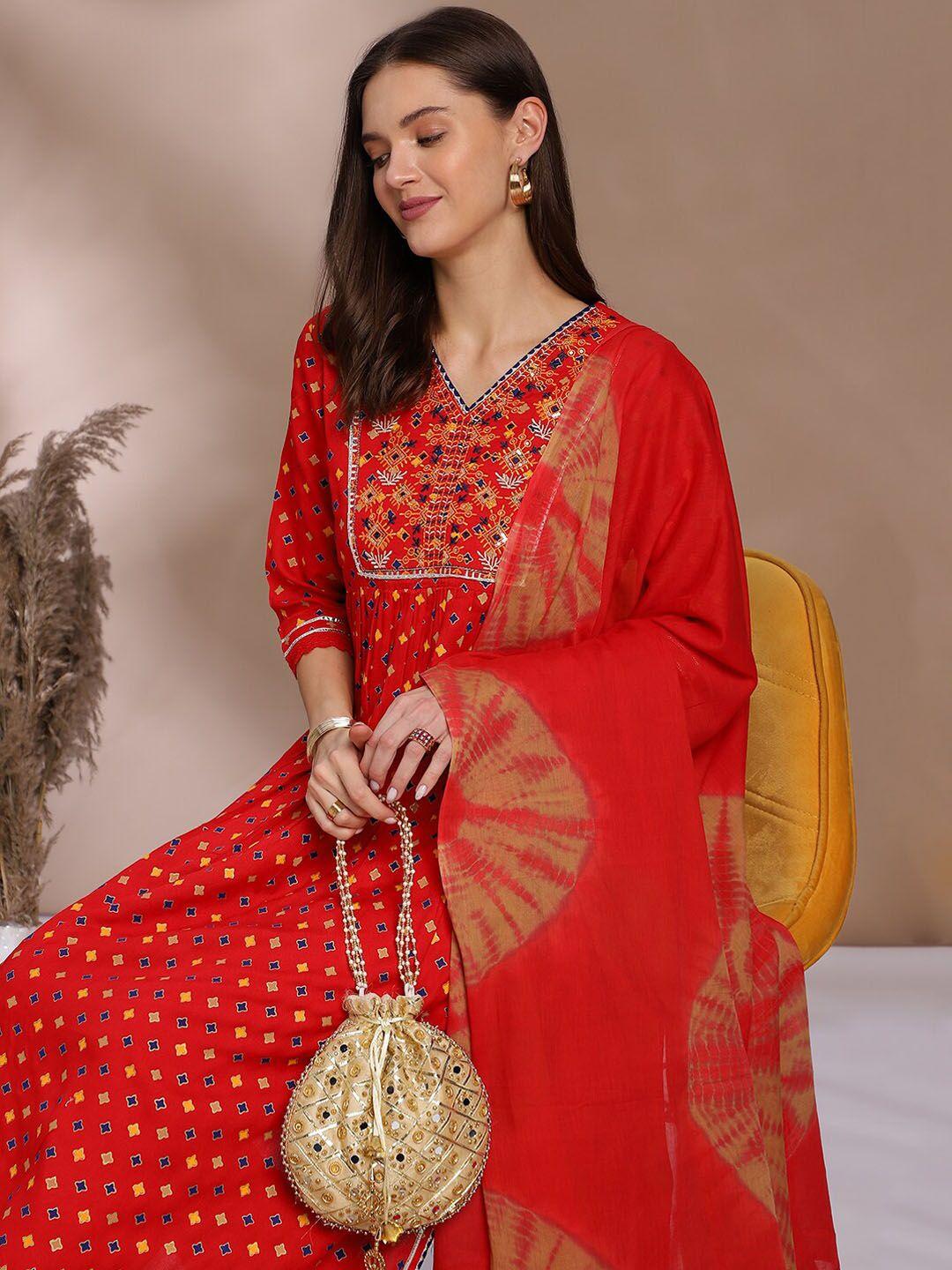 anouk red ethnic motifs printed thread work detailed a-line kurta & trouser with dupatta