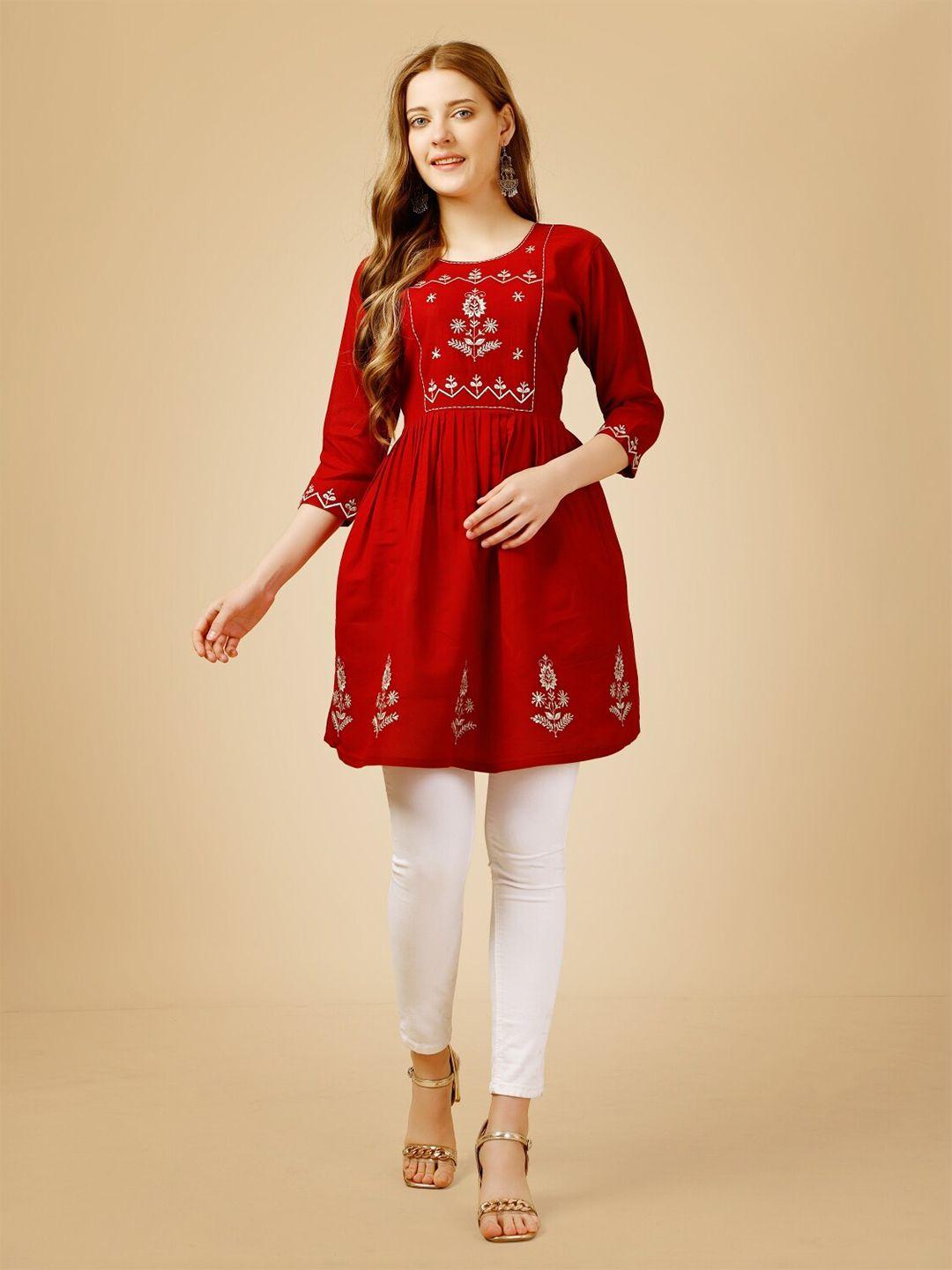 anouk red floral embroidered round neck thread work a-line kurti