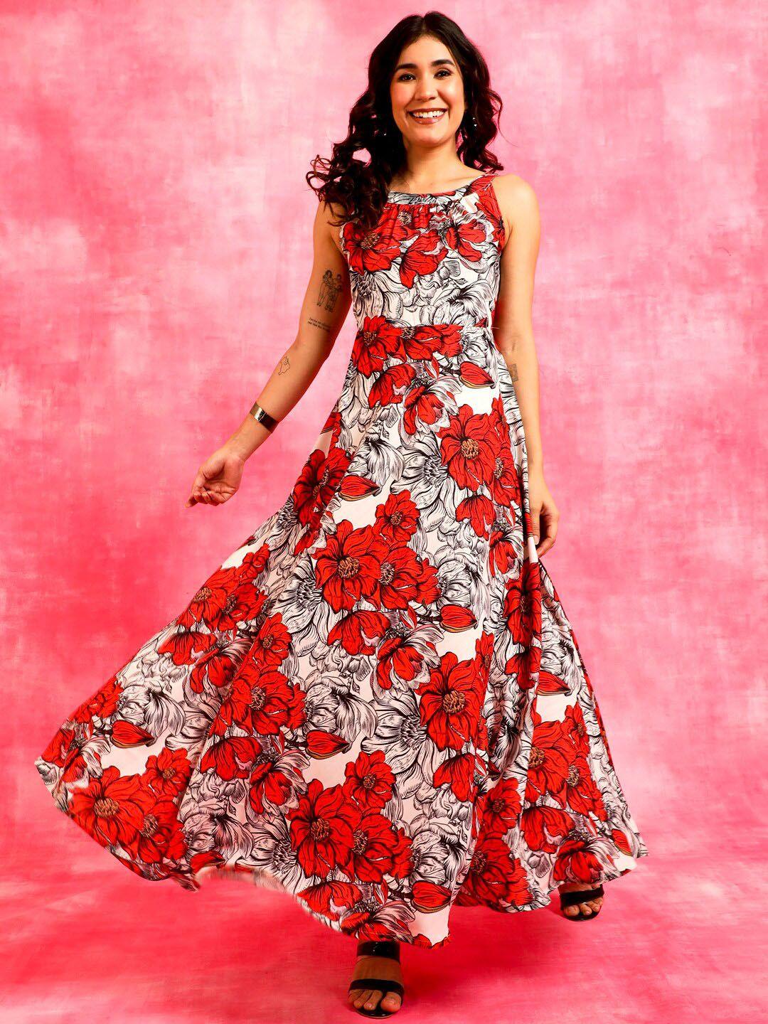 anouk red floral print fit & flare dress