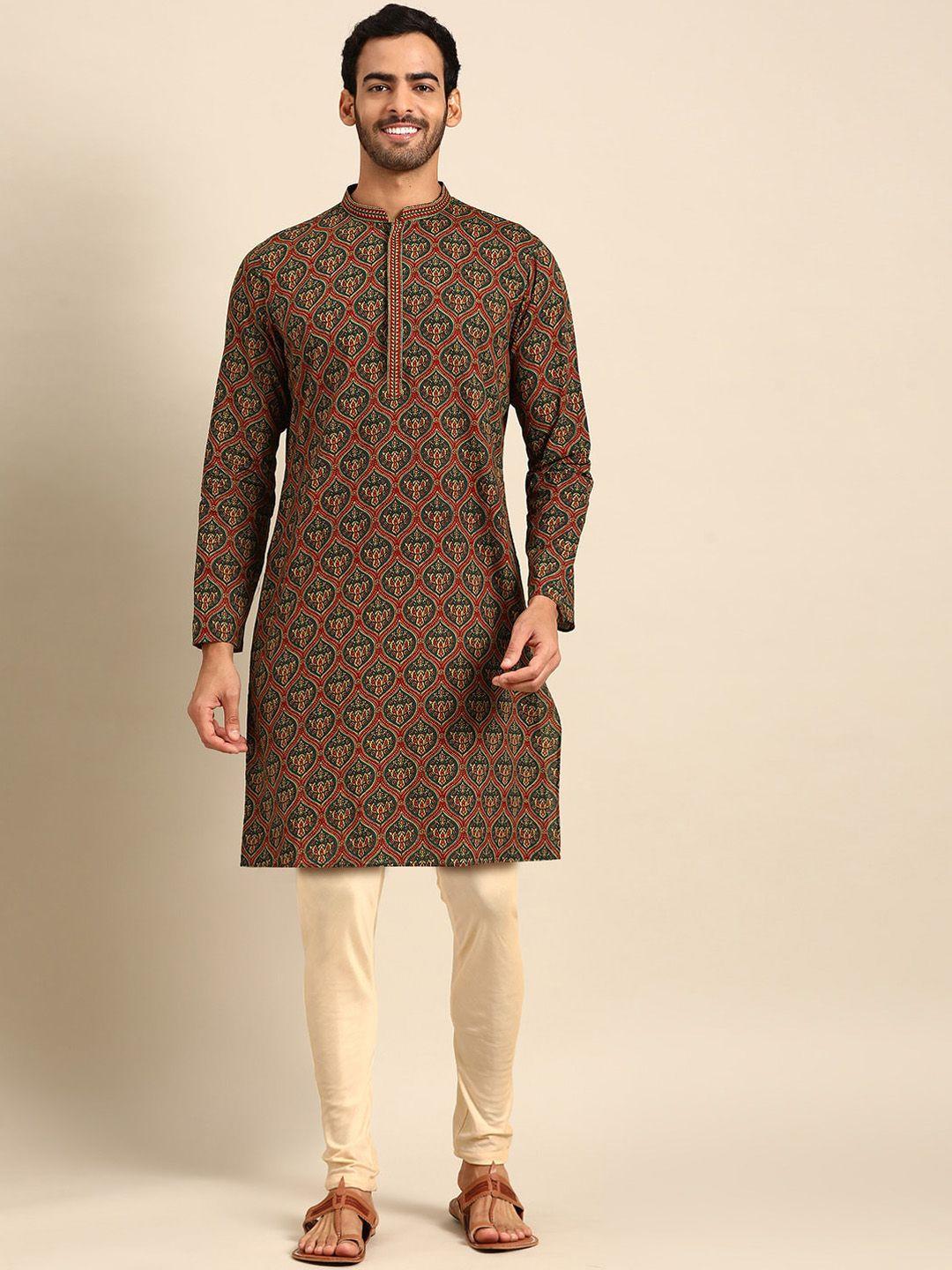 anouk red floral printed mandarin collar straight kurta with trousers