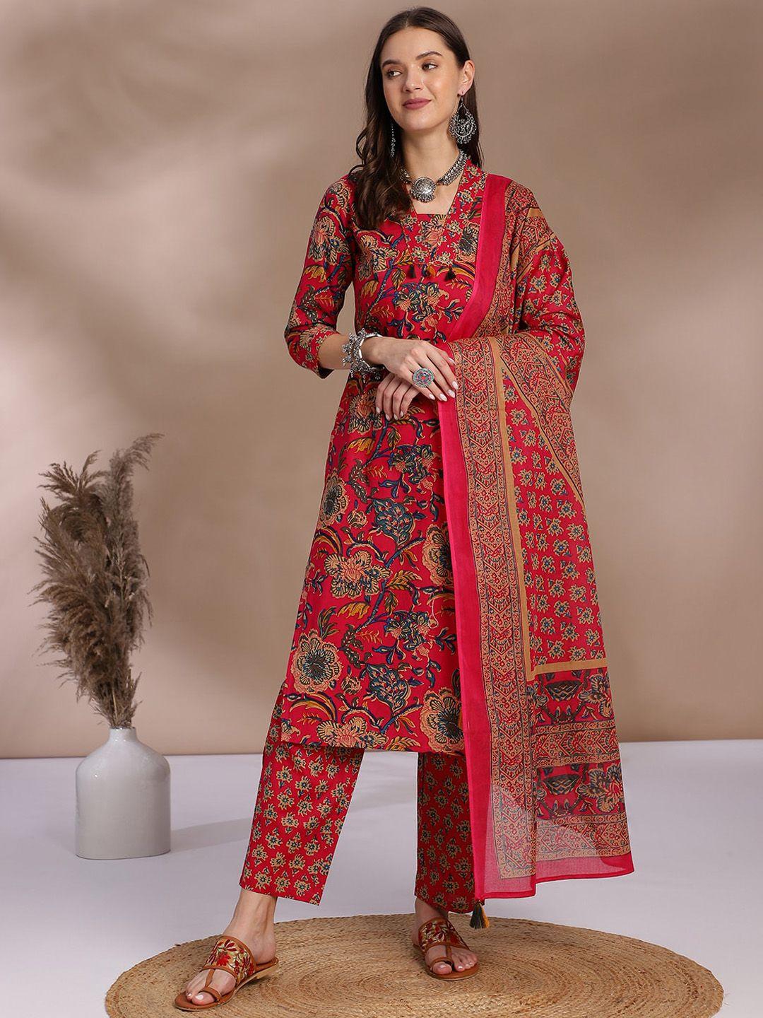 anouk red floral printed sequinned pure cotton straight kurta & trouser with dupatta