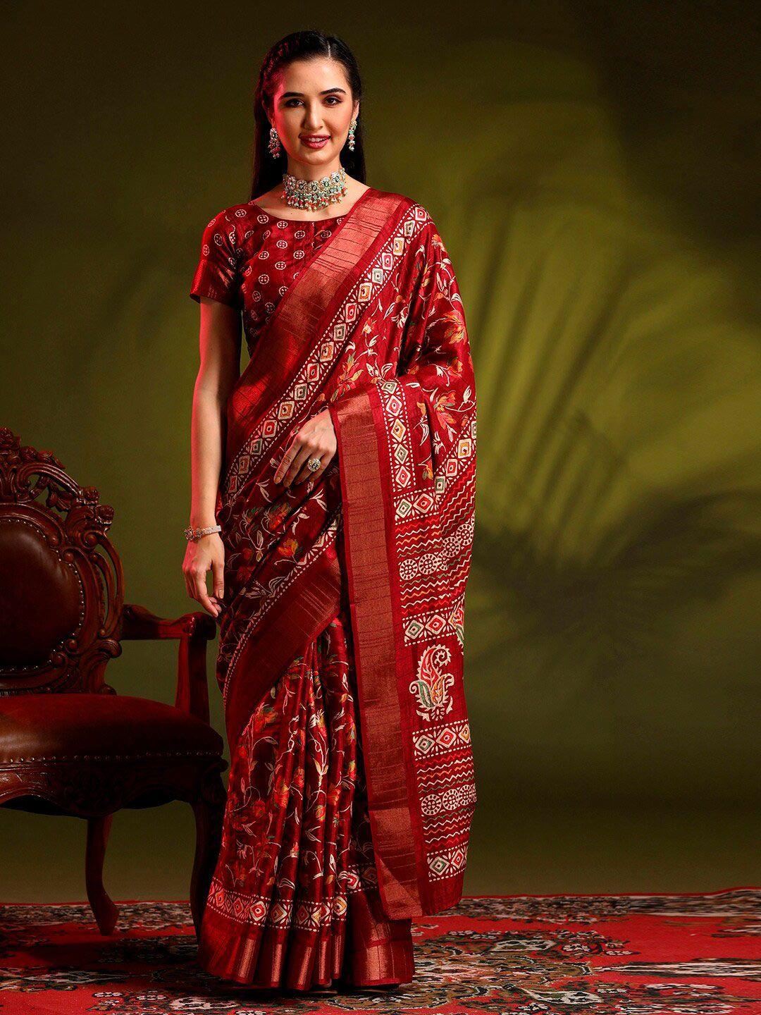 anouk red floral printed zari sungudi saree