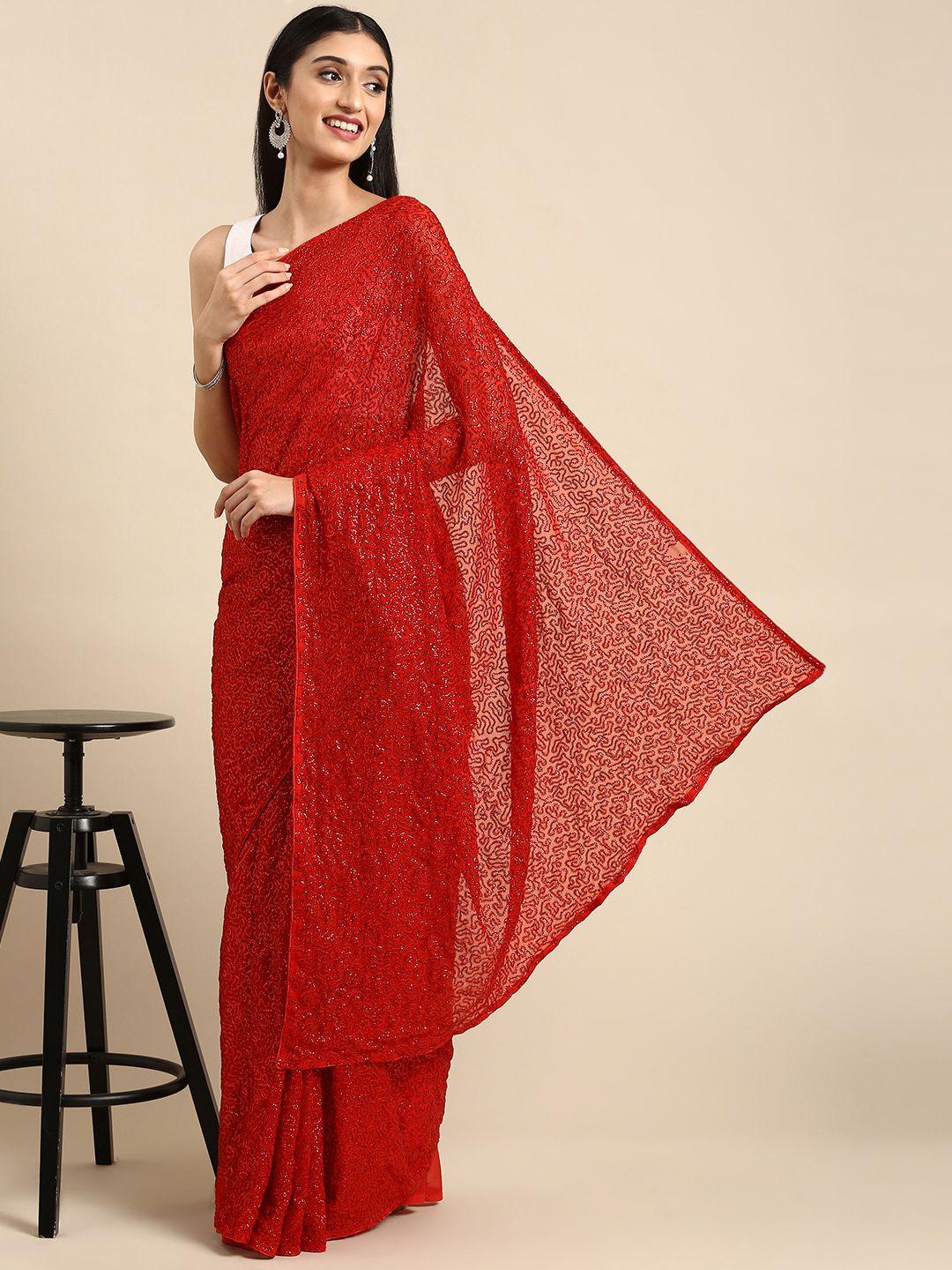 anouk red sequinned pure georgette saree