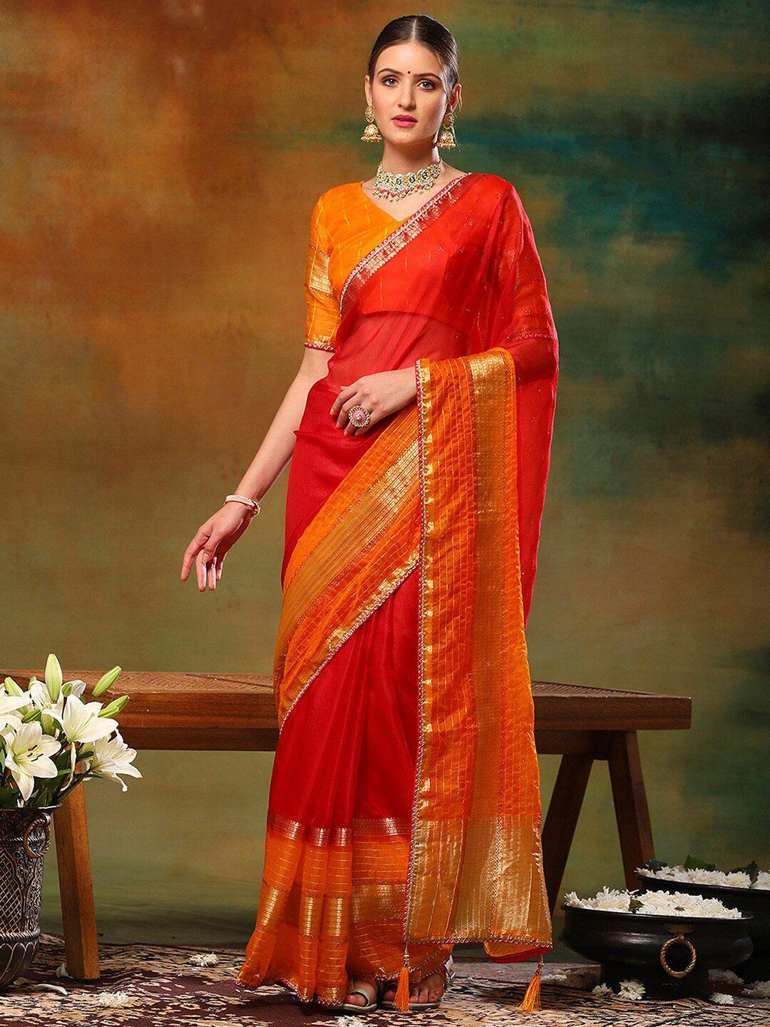 anouk red striped embroidered organza saree