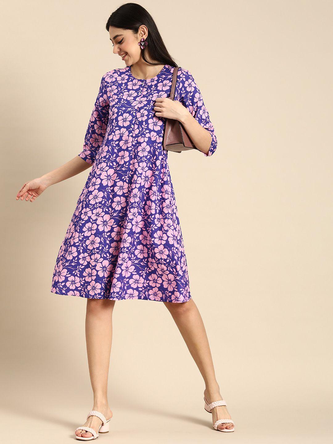 anouk round neck floral printed knee length a-line dress