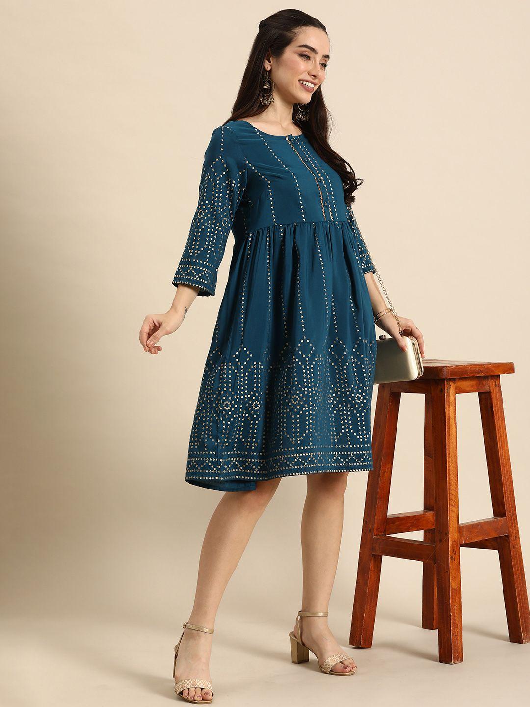 anouk round neck geometric printed knee-length a-line ethnic dress