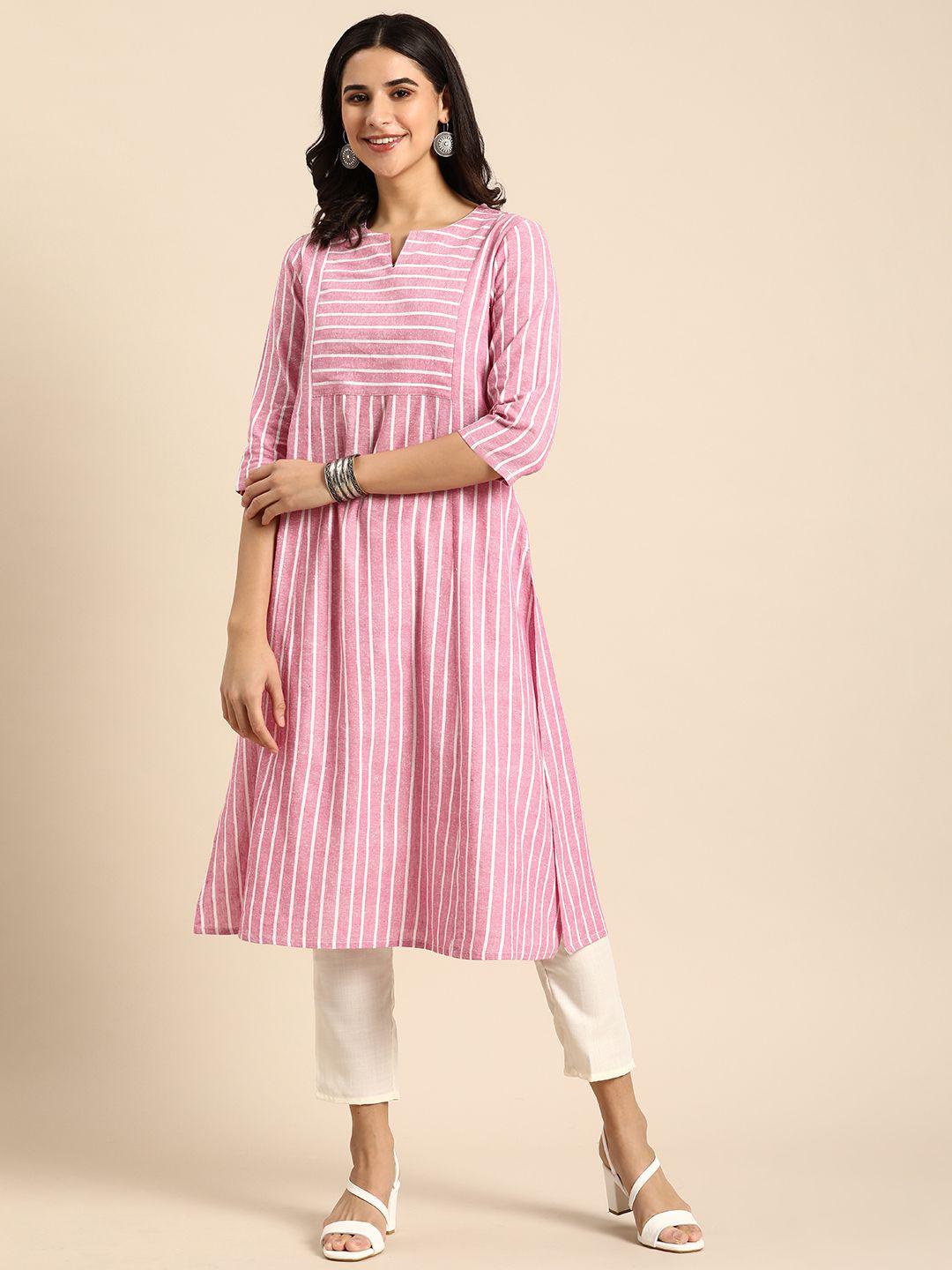 anouk round neck striped a-line kurta