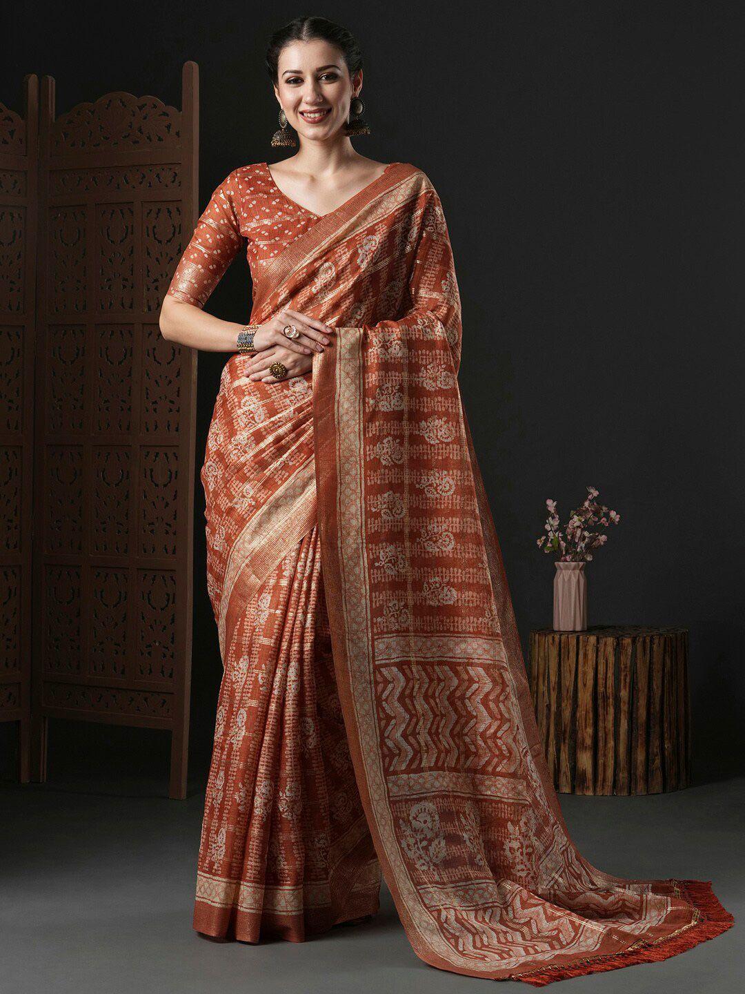 anouk rust & beige ethnic motifs printed zari bagru saree