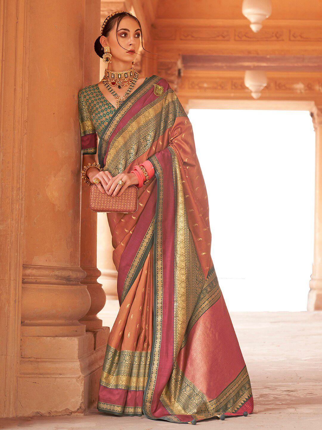 anouk rust & green woven design zari silk blend banarasi saree