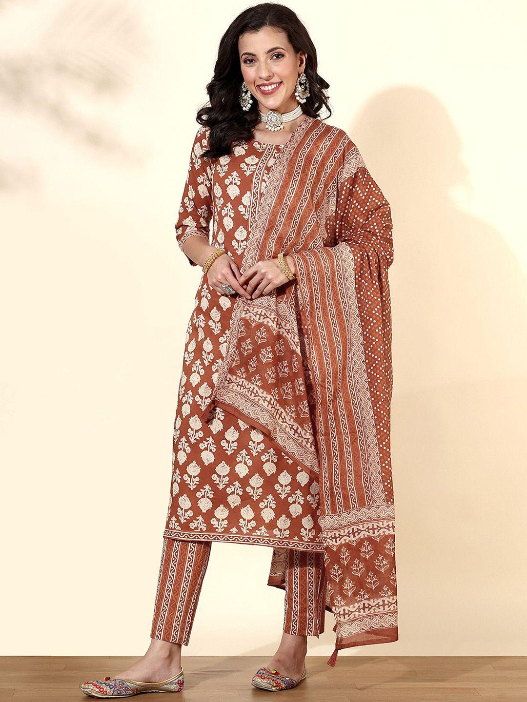 anouk rust brown ethnic motif printed pure cotton straight kurta with trousers & dupatta