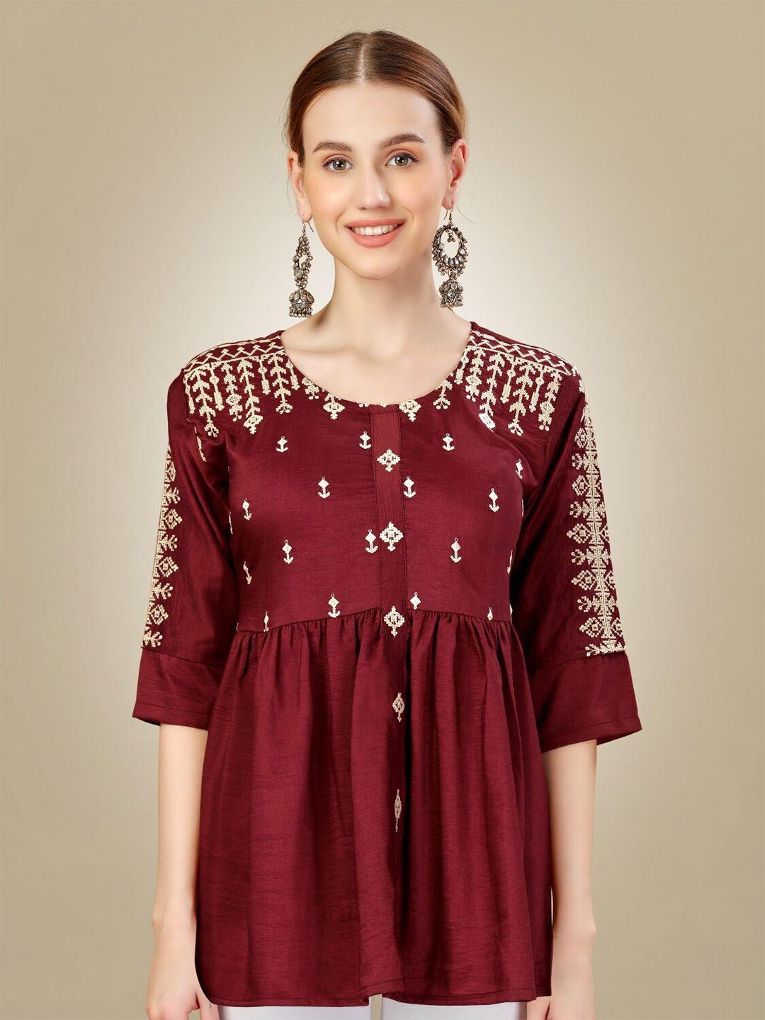 anouk rust ethnic motifs embroidered round neck thread work a-line kurti