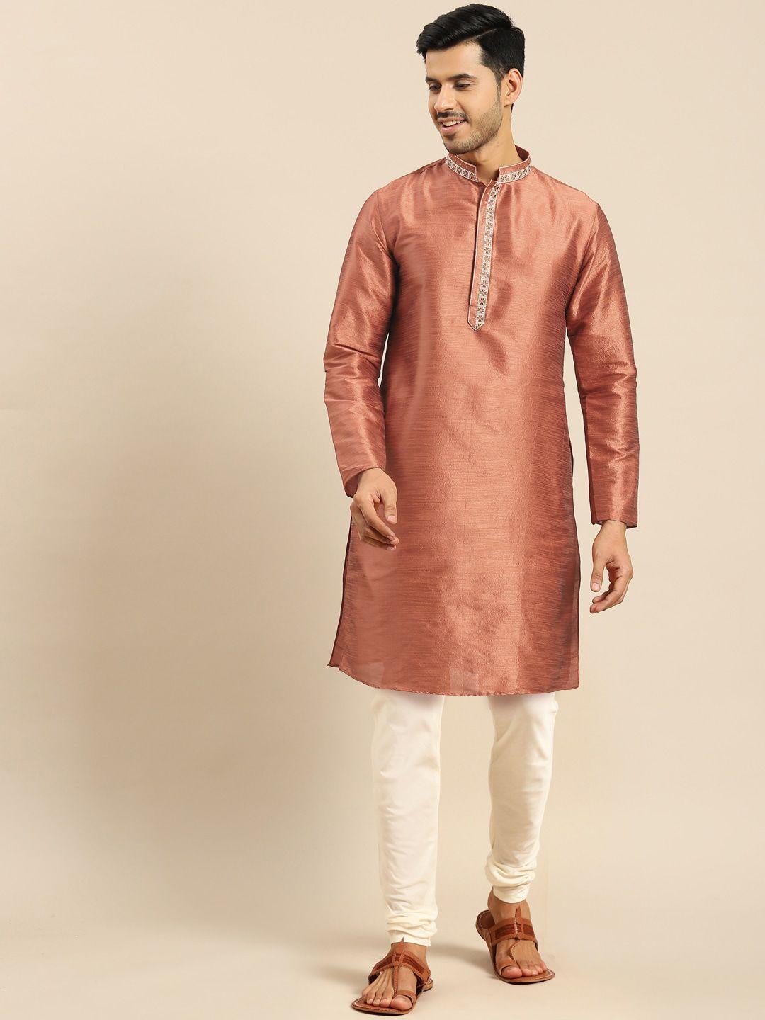 anouk rust mandarin collar thread work straight kurta