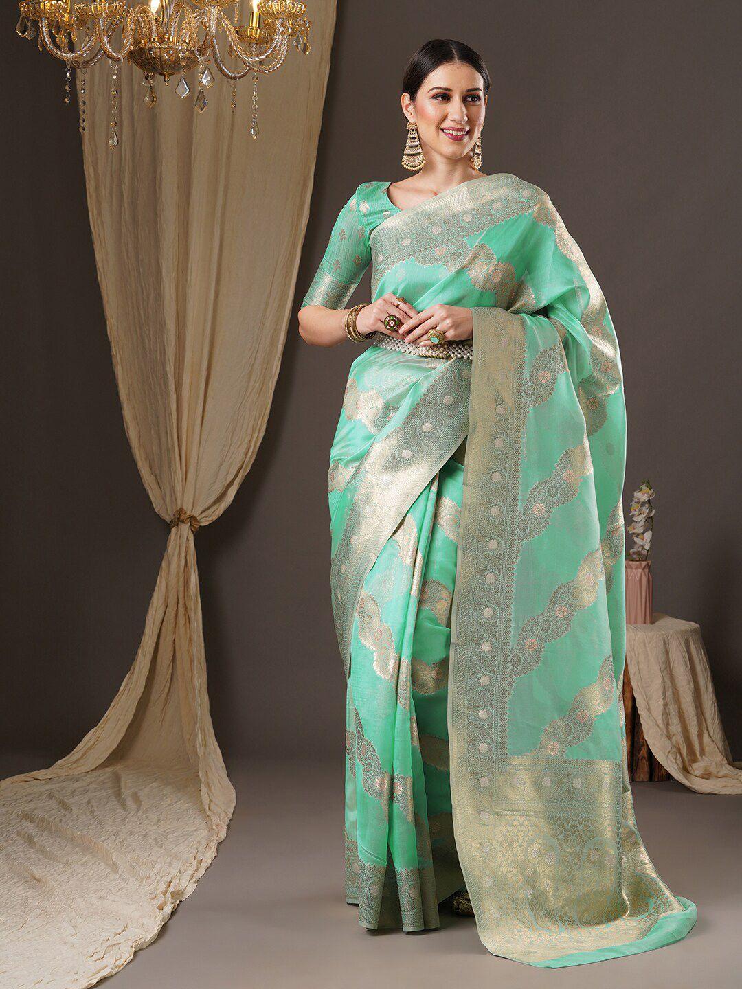 anouk sea floral woven design zari organza banarasi saree