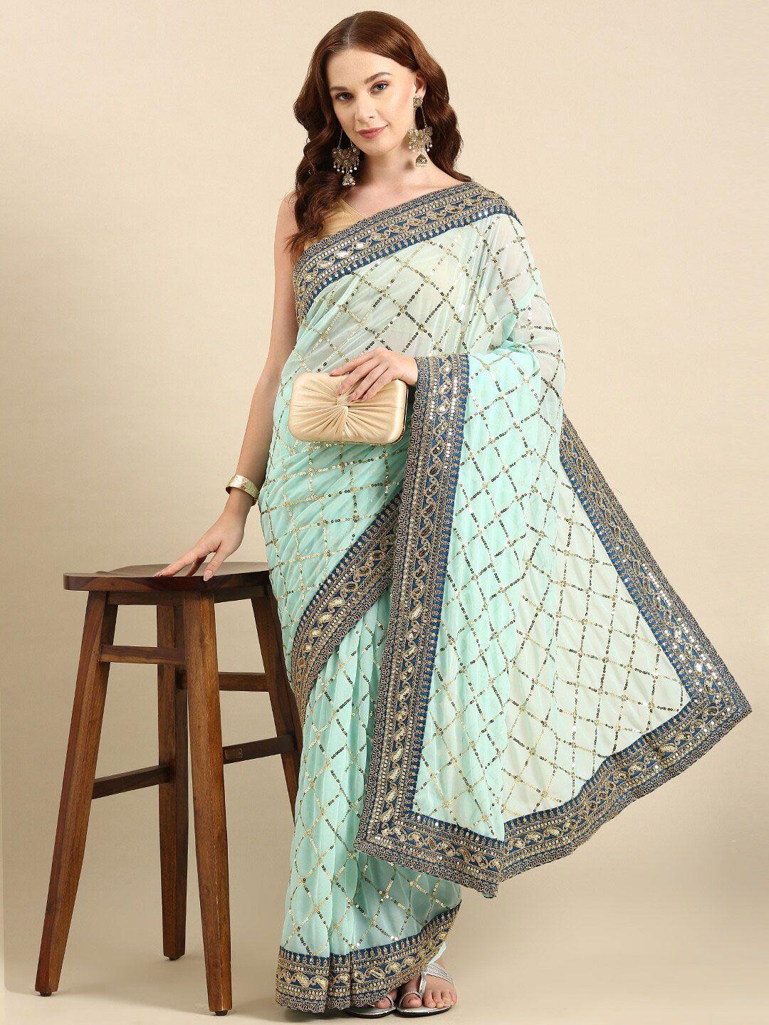 anouk sea green & gold-toned sequin embellished saree